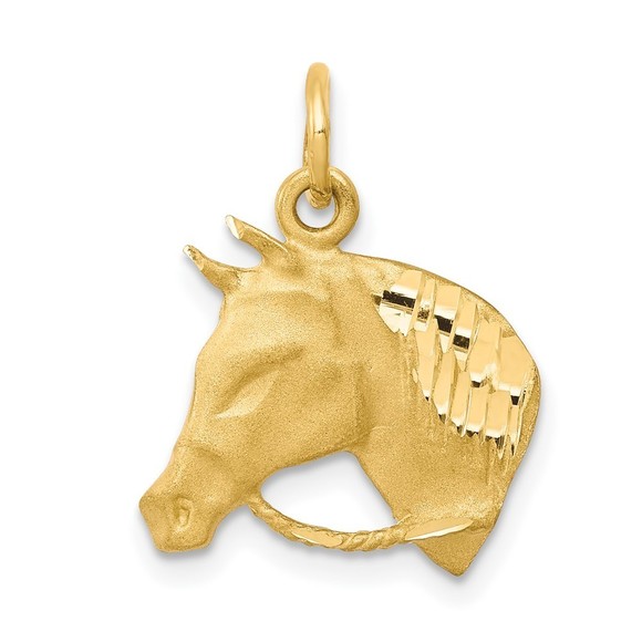 10k Yellow Gold Solid Satin Horsehead with Reins Necklace Charm Pendant